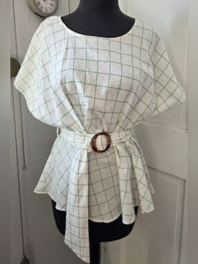 Anthropologie Moon River Retro Wjite & Green Checked Peplum Spring Linen Top